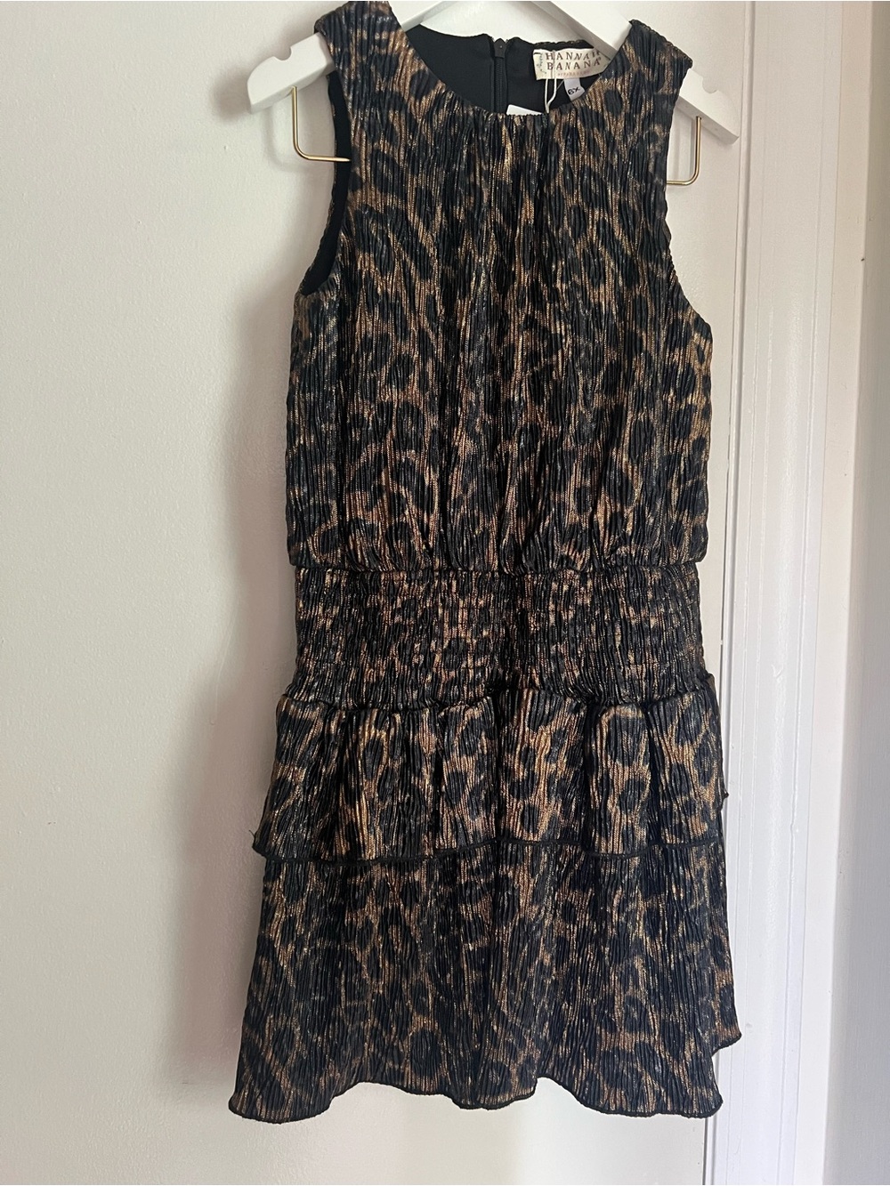 Hannah Banana Black and Gold Leopard Print Tiered Dress